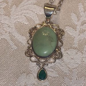 Silver 2” Green Jade Pendant with Genuine Silver 36” Chain